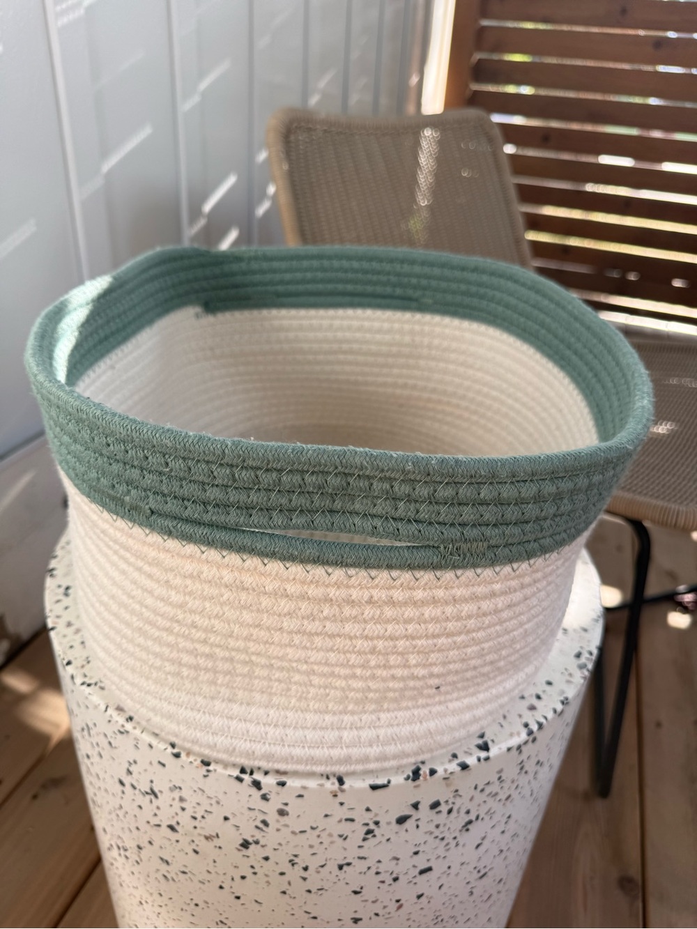 The Container Store Small Kawaii Cotton Rope Bin with Handles Green Sage Cream